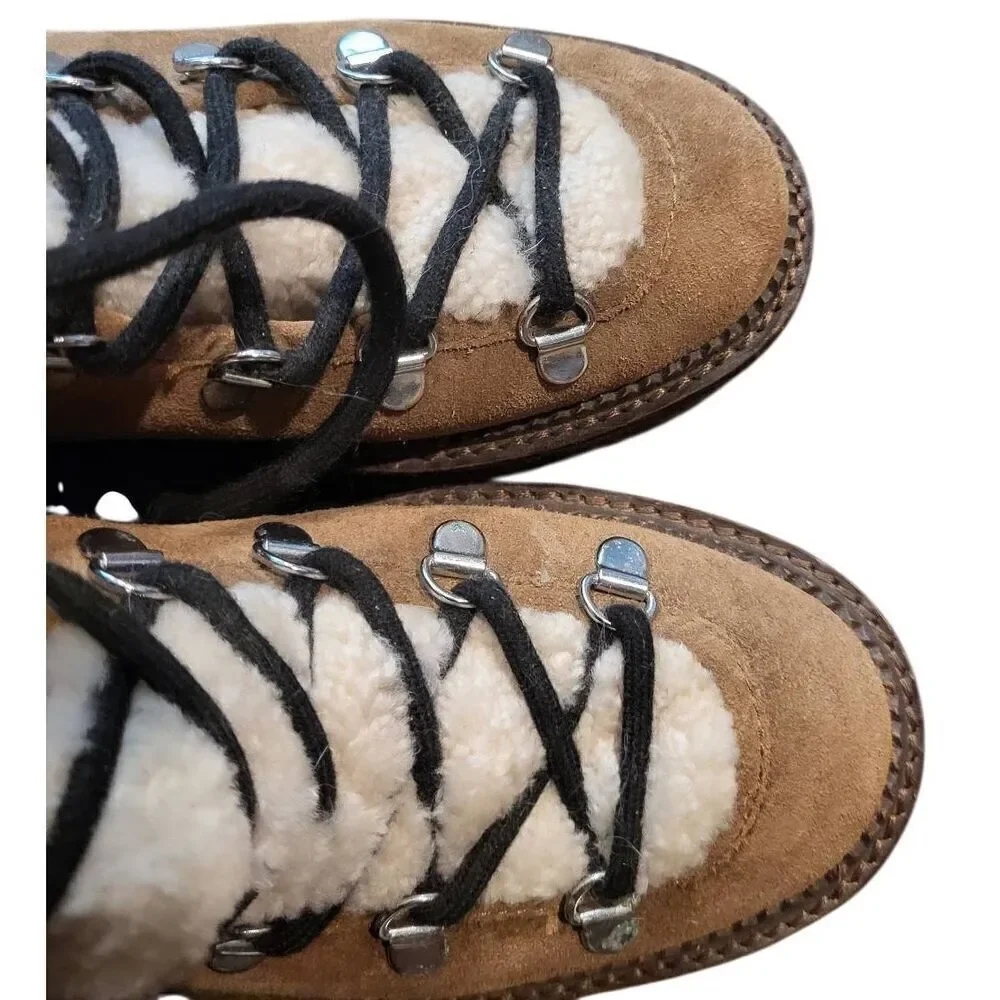 Marc Fisher Capell Boots Women's 6.5 Tan Hiker Suede Leather Shearling Lace Up
